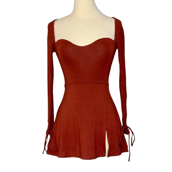OH POLLY AMRYN Long Sleeve A-Line Mini Dress in Brick Sexy Inner Bodysuit Sz 2 - Image 4