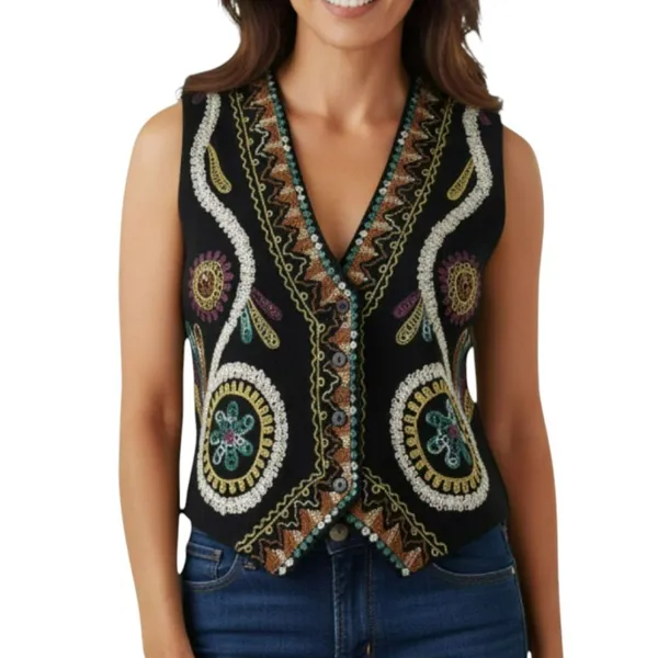 Gallagher Vintage 90s Embroidered Folk Art Cotton Flax Vest M Whimsigoth - Image 16