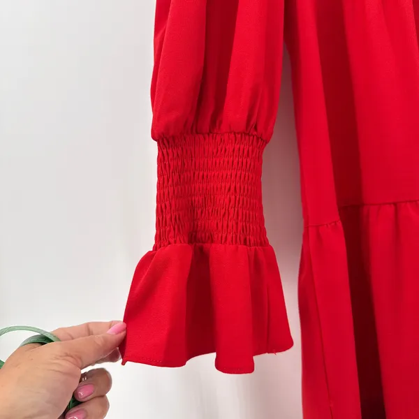 Pomander Place Red Crepe Kenzo Dress Tuckernuck Tiered Smocked Cuff Medium‎ - Image 4