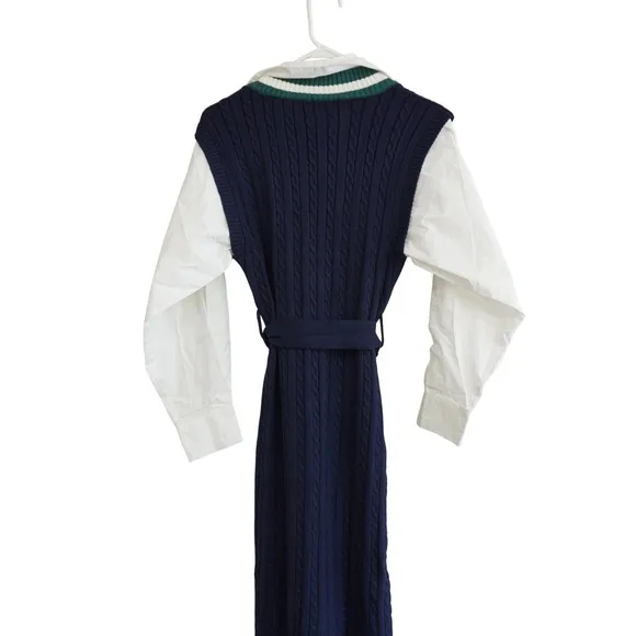 En Saison Navy Cable‎ Knit Sweater Vest Shirt Dress Mixed Media Midi XS NEW - Image 8