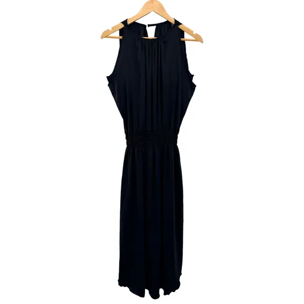 SheBird Emma Black Satin Knit Bateau Neck Built‎ In Bra Midi Dress Smocked M L - Image 5
