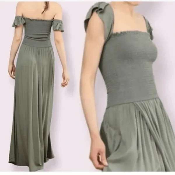 Young, Fabulous & Broke Olive Green Smocked Faux Wrap Maxi Dress Small - Image 9