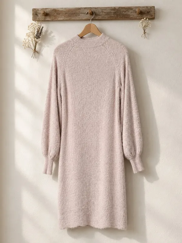 Blush Pink Plush Balloon-Sleeve Mini Dress - Image 4