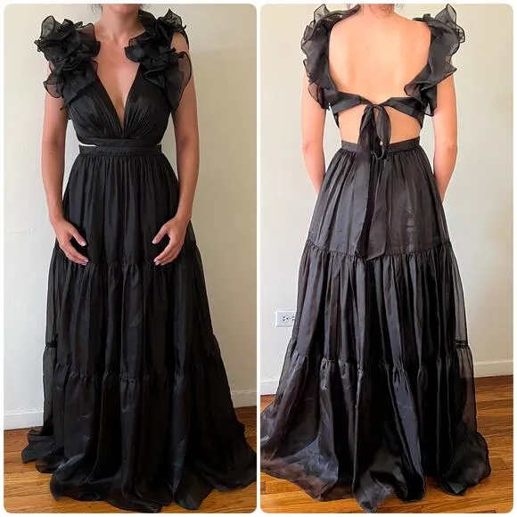 Mac Duggal Plunge Neck Cutout Empire Waist Organza Gown Maxi Dress size 2 C0 - Image 2