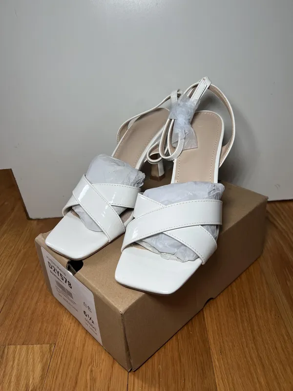 Ownmeen Sandals Womens Size 6.5 White Slingback Square Toe Stiletto Dress Shoes - Image 2