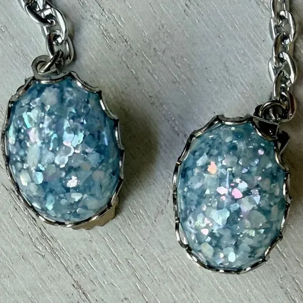 Vintage Blue Opal Confetti Lucite Sweater Guard Clips - Image 4
