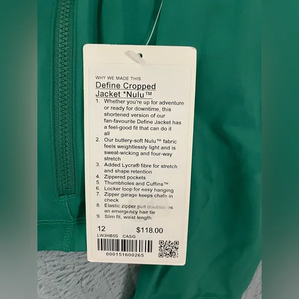 Lululemon NWT Define Cropped Full Zip Nulu Jacket Cascade Green Size 12 - Image 5