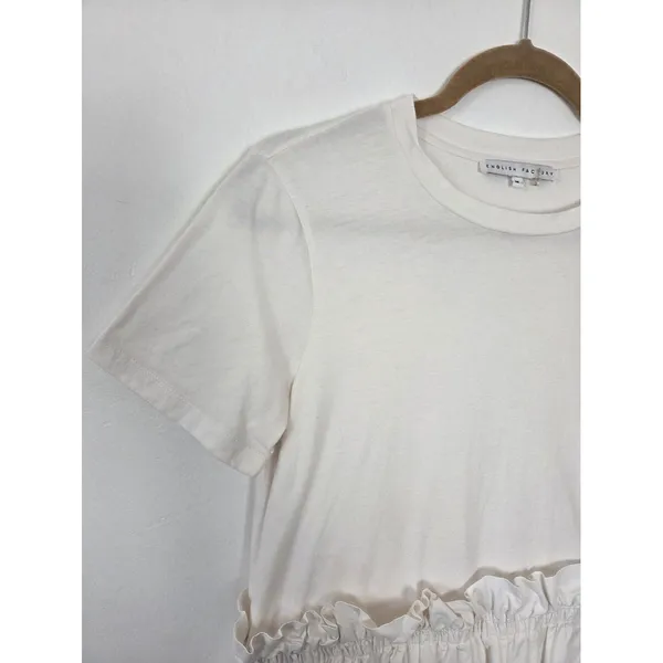 English Factory White Shirt Dress Ruffled Waist Pockets Tea Party Yacht Brunch M - Image 3