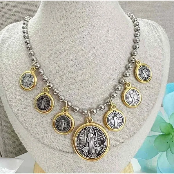 Anthropologie Gold Silver Plated Dangling Coins Necklace Beaded Chain stainless steel jewelry - Image 7