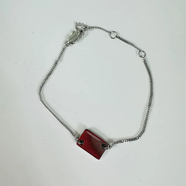 Dior Silver Tone Crystal Heart Plaque Chain Charm Bracelet Red Enamel Logo - Image 2