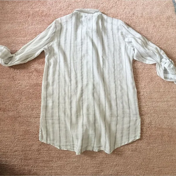 Norah Women’s L Beige Striped Button Up Shirt 100% Cotton Roll Tab Sleeves - Image 7