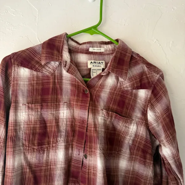 Ariat Real Western Burgundy White Plaid Relaxed Fit Cotton‎ Long Sleeve Shirt S - Image 2