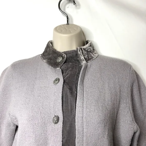 HWR Anthropologie grey high collar merino wool velvet button up sweater cardigan - Image 2