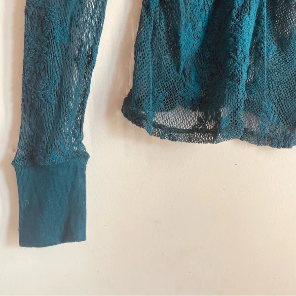 Free People Cool With It Lace Long Sleeve Top Teal Sheer Floral Mesh Size M - Image 8