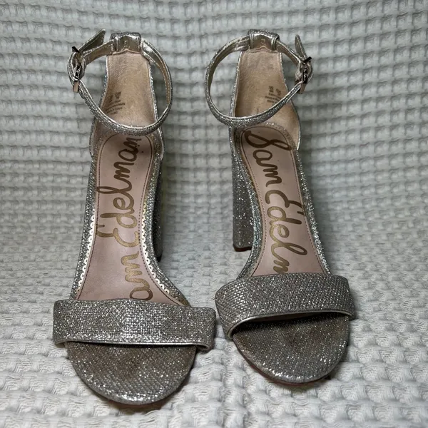Sam Edelman YARO Glitter Block Heel Ankle‎ Strap Sandals Silver Women Size 6 - Image 2