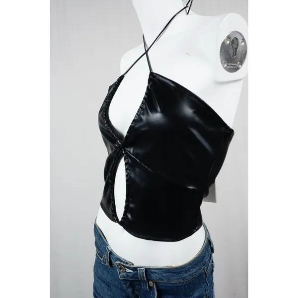 Pretty Garbage Hater Vegan Faux Leather Ruched Crop Top Black Woman's Small NWT! - Image 4