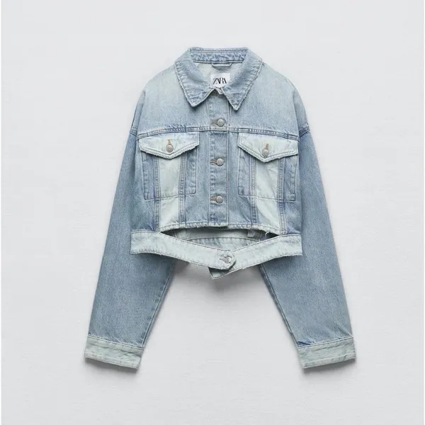 Zara Denim Jeans Jacket Cropped Blue Color‎ Block - Image 6