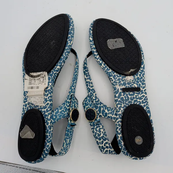 Tory Burch Minnie Travel Sandal Blue Leopard Print‎ Leather Thong Slingback 8M - Image 7