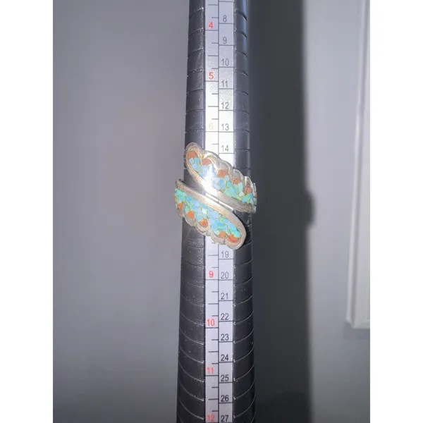 Sterling Silver Native American Navajo 925 Turquoise & Coral Inlay Wrap Ring Lb - Image 5