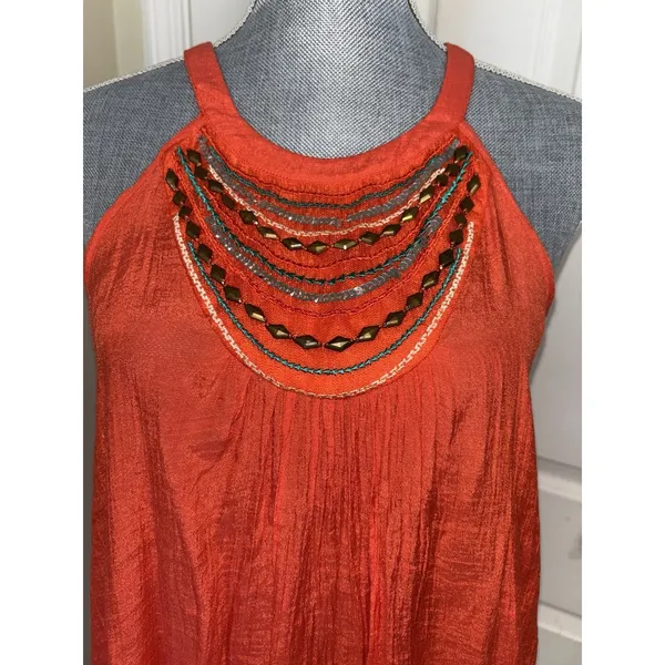 Iz Byer Orange Flowy Beaded Sequin Sleeveless Top Boho Hippie Festival Large - Image 3