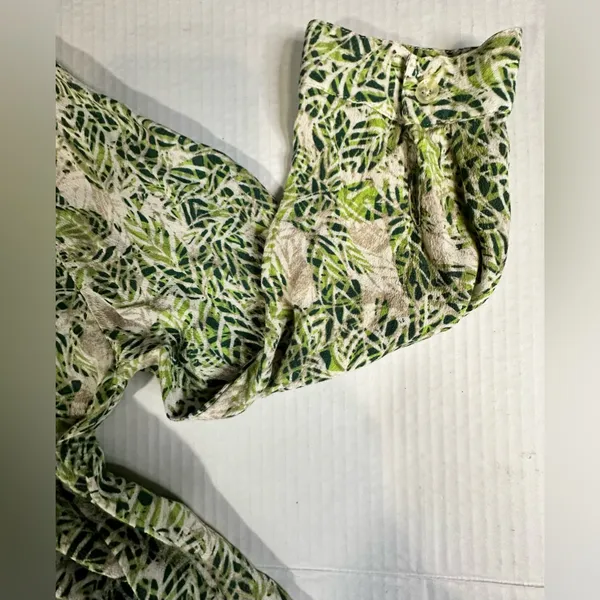 CAbi Faux Wrap Dress Green Tan Hawaiian Tropical Floral Leaf Boho Indie Sz Small - Image 4
