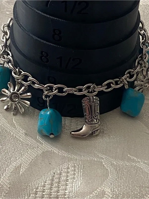 6.5” To 9” Bracelet Coywboy Boot & Flower Faux Turquoise Chunks Western Cowgirl - Image 7