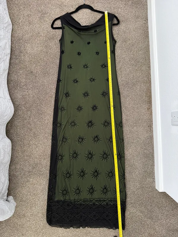 Sleeveless Olive Green Maxi Dress with Black Embroidered Overlay - Image 5