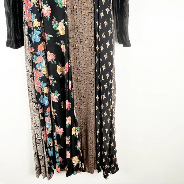 LEW MAGRAM Black Velour Long Sleeves Mixed Prints Maxi Dress Medium Boho Casual - Image 6