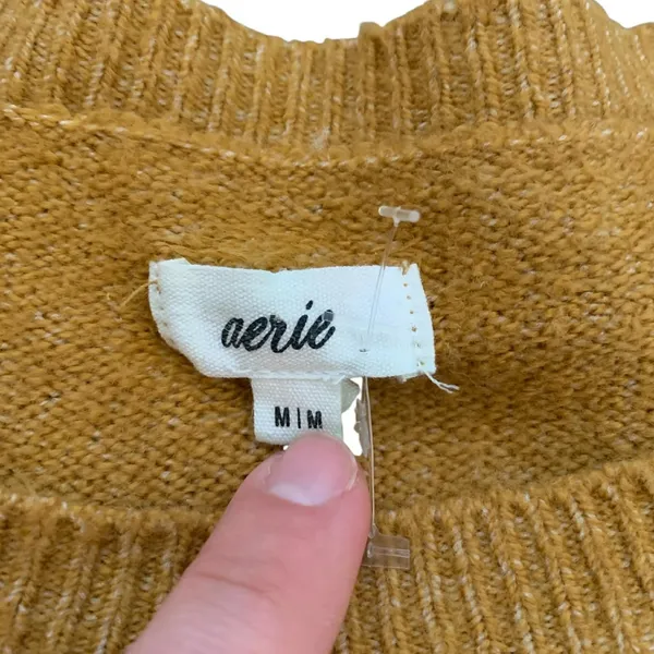 Aerie Mustard Puff Sleeve Distressed Crew Sweater M Earthenware‎ Minimalist - Image 2