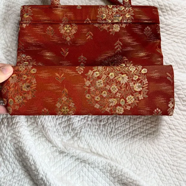 Vintage 90s Asian Boho Retro Orange Gold Top Handle Tapestry Mini Bag - Image 4