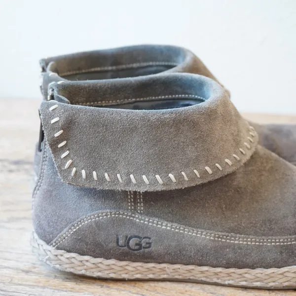 UGG Women's Size 8 Ankle Boot Gray Suede Leather Whipstitch Zip Boho Outdoors - Image 3