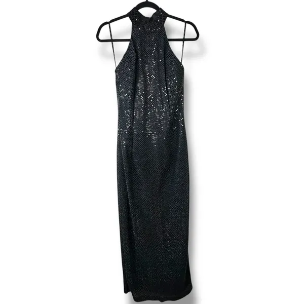 Vintage Roberta Midnight Black VTG Sequin Halter Open Back Sleeveless Maxi Gown - Image 2