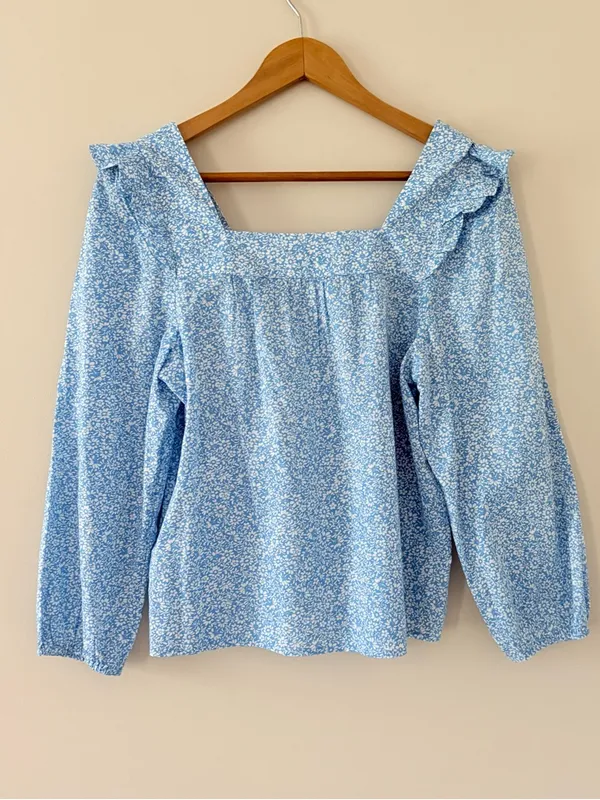 J Crew Factory Squareneck ruffle top puff sleeve blue cornflower white size S - Image 6
