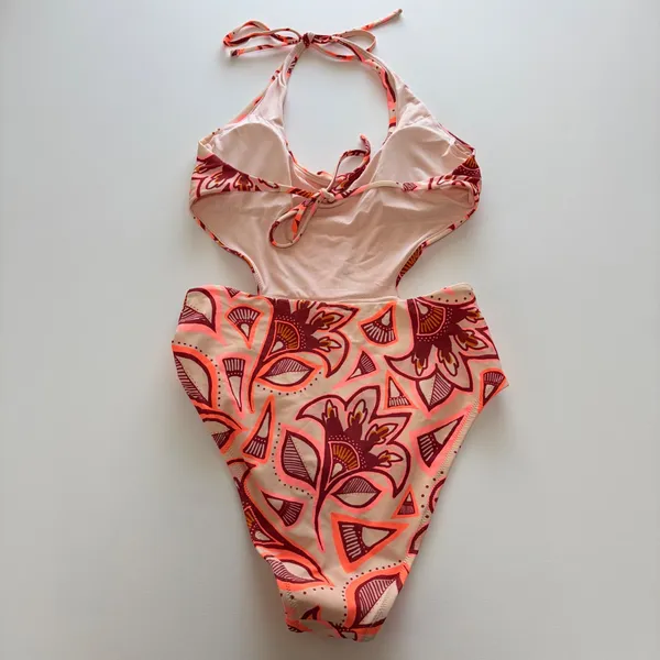 Aerie Swimsuit One Piece Womens Medium Orange Floral Geometric Cut Out Halter - Image 3