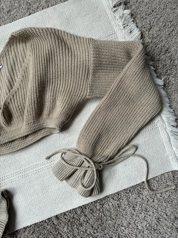 Tan Knit Puff Ruffle Sleeve Bow Tie Cropped Long Sleeve Sweater Top - Image 3