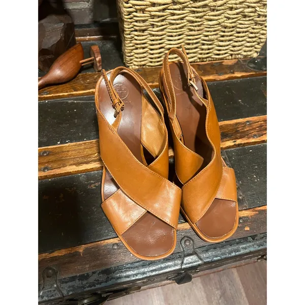 Tory Burch Gabrielle 100mm Royal Tan Leather Wedge Sandals Size 10 - Image 6