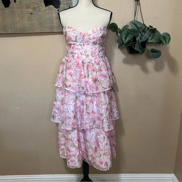 Pristine Cutie Light Pink Floral Organza Bustier Midi Dress - Image 3