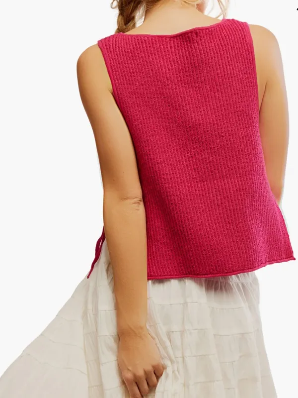 FREE PEOPLE‎ Lizzie Rib Side Tie Sleeveless Cotton & Linen Blend Sweater Size L - Image 4
