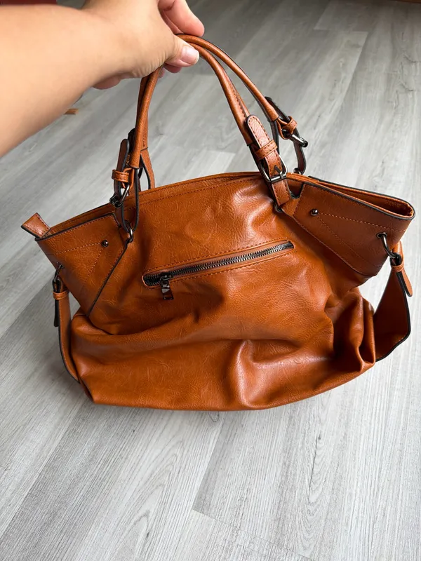 Sam & Hadley Brown Cognac Satchel Bag Buckle Detail Faux Leather Large Handbag - Image 3