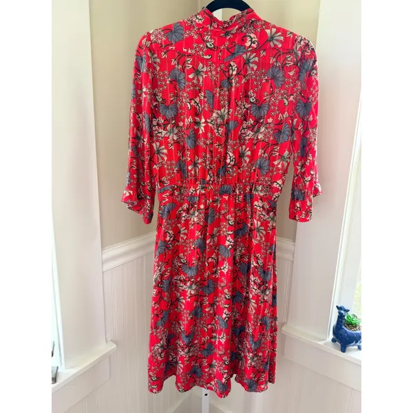 ba&sh Red Floral Lurex Midi Dress‎ V-Neck Front Slit Small - Image 3
