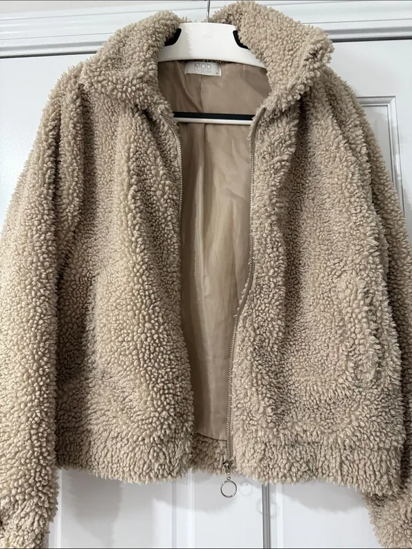 MOD ON TREND Teddy Sherpa Zip-Up Jacket - Beige Lined Pockets Size M - Image 5