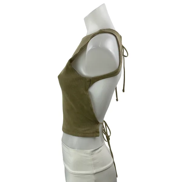 Zara Women's Olive Green Ribbed Knit Open Back Backless Tie Crop Top Size M - Image 2