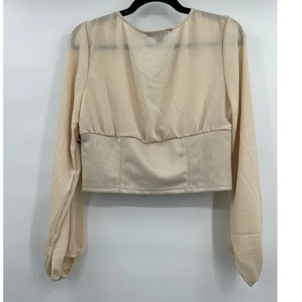 Love X Design Womens Crop Blouse Top Lantern Sleeves V-Neck Tan Beige NEW Medium - Image 4