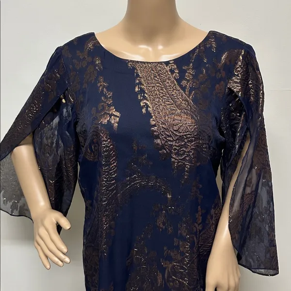 Leslie Fay Navy & Metallic Rose Gold Short Dress with split sleeves size 10 - Image 2