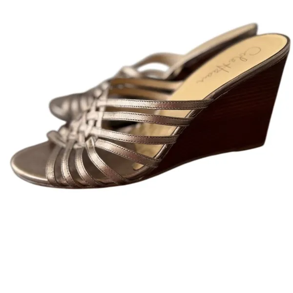 Cole Haan Bronze Caged Leather Wood Stacked Slip On Wedge Heel - Image 6