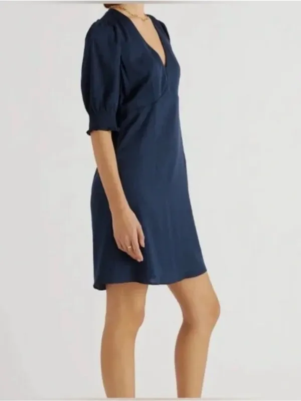 Quince Washable Stretch Silk Puff Sleeve Mini Dress Medium Navy Minimal Fall - Image 5