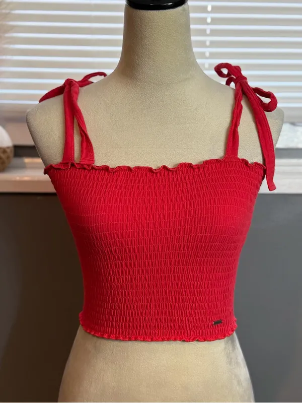 Hollister Bright Red Smocked Tie-Shoulder Crop Top - Image 2