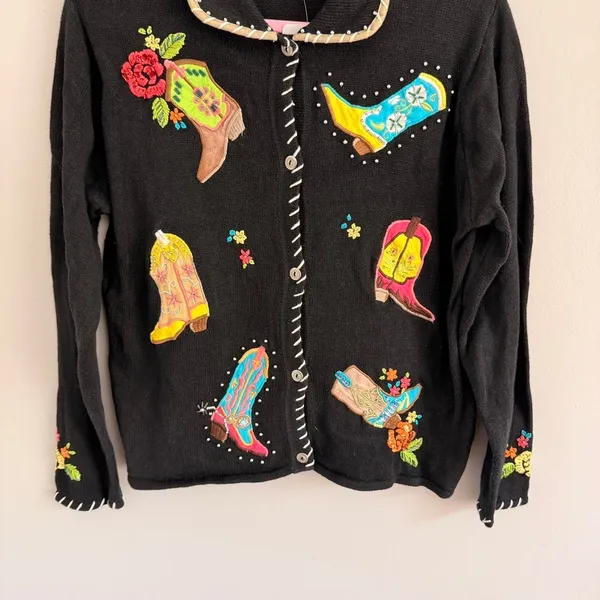 Vintage Black Arriviste Cowboy Boot Button Up Sweater - Image 3