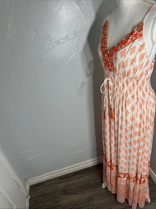 Me 2 Magic Boho Maxi Dress Orange White Embroidered V-Neck Fringe. - Image 6