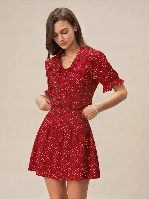 Rihoas Red Puffed Sleeve Polka Dot Collar Blouse - Image 4